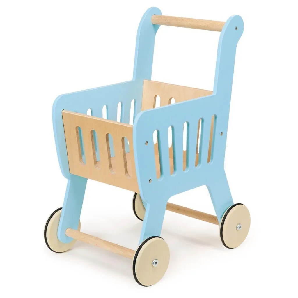 a wooden toy shopping cart with wheels