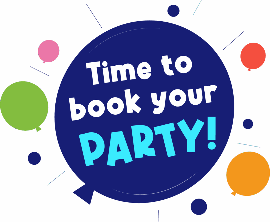 Big ballon that says "Time to book your party!" With other small balloons around it.