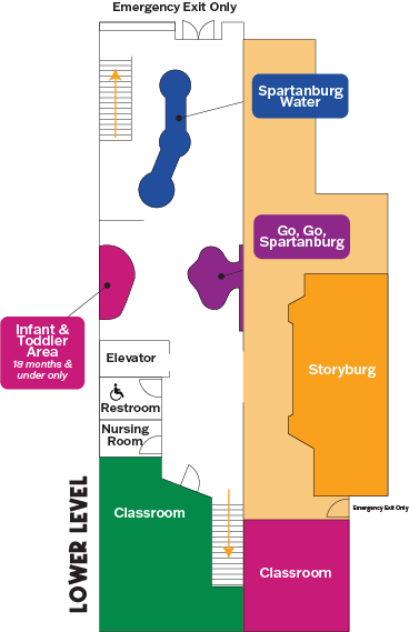 Map of the lower level of the Children's Museum of the Upstate Spartanburg location.