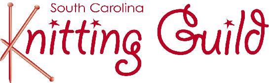 South Carolina Knitting Guild logo in red with three knitting needlings making up the k and stars as the dot on the i