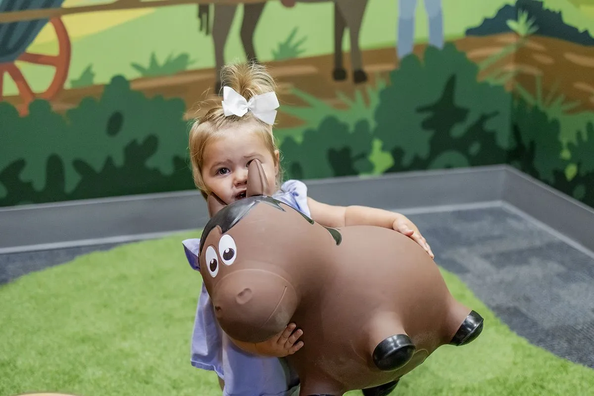 child holding a toy horse inflatable bouncy ball