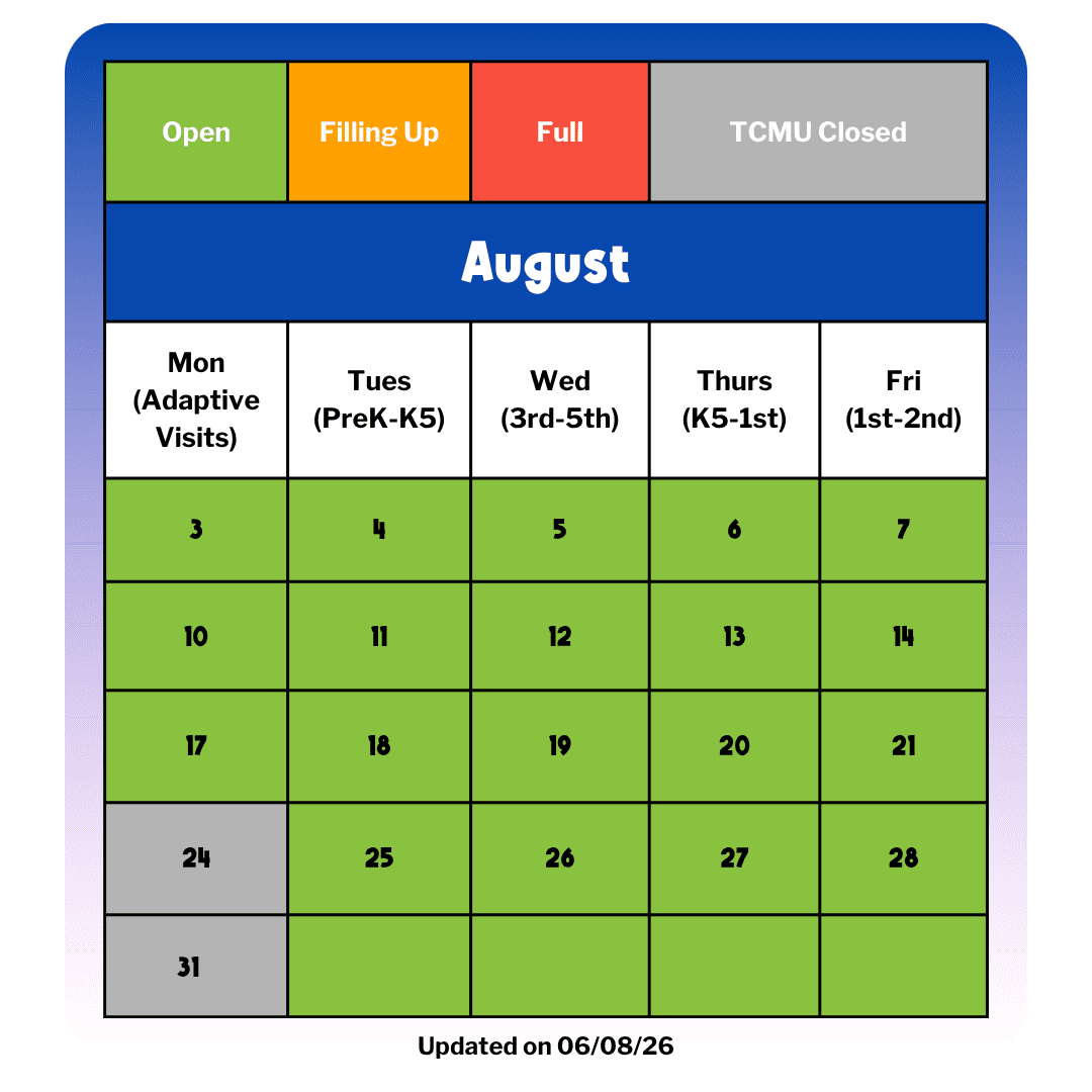 August Calendar status updated 06/08/2026 showing the dates that are still available versus the days that are filling up, full, or the museum is closed