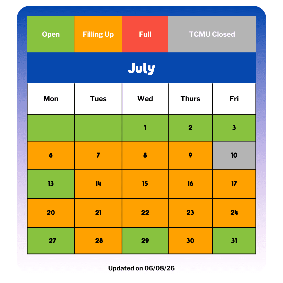 July Calendar status updated 06/08/2026 showing the dates that are still available versus the days that are filling up, full, or the museum is closed