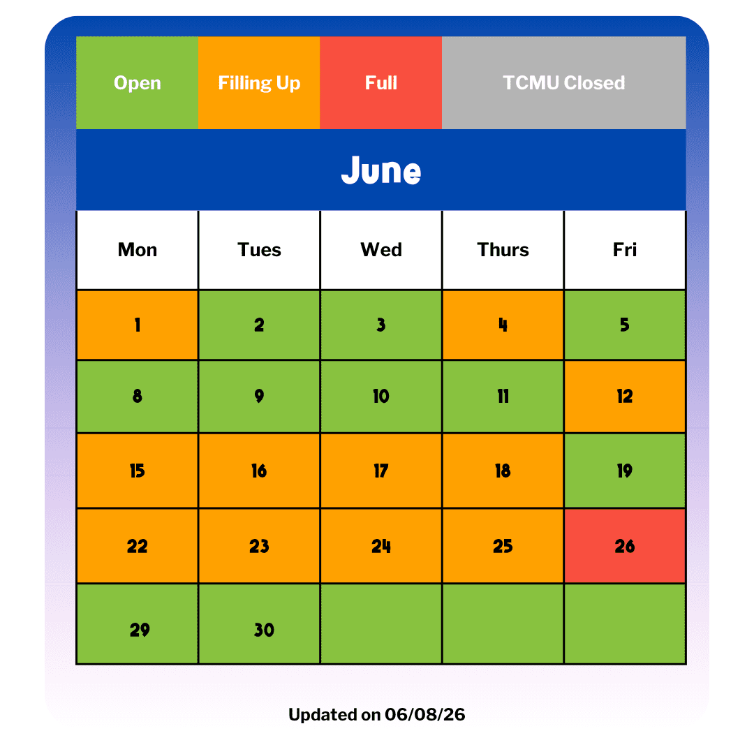 June Calendar status updated 06/08/2026 showing the dates that are still available versus the days that are filling up, full, or the museum is closed