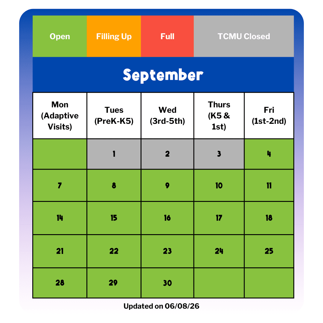 September Calendar status updated 06/08/2026 showing the dates that are still available versus the days that are filling up, full, or the museum is closed